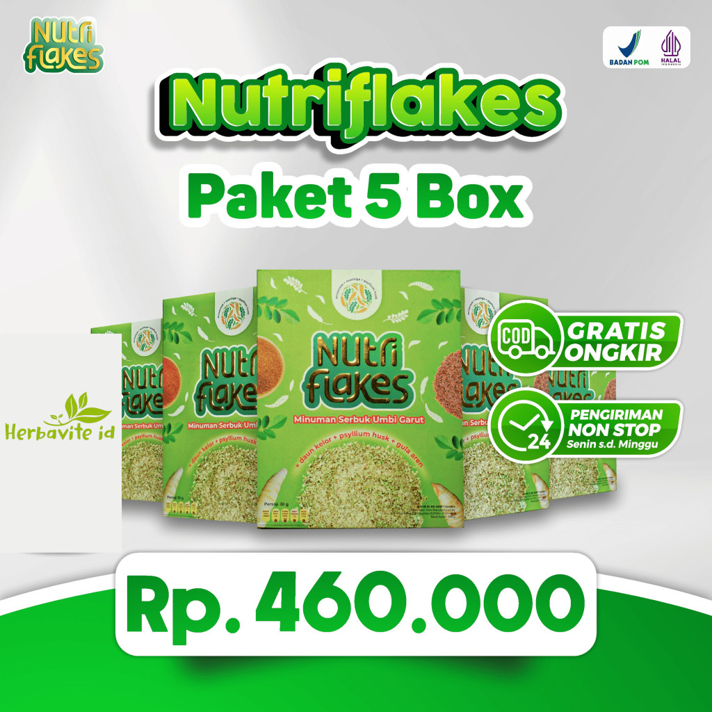 

Nutriflakes Paket 5 Box Minuman Serbuk Umbi Garut Bantu Atasi Permasalahan Pencernaan 280gr