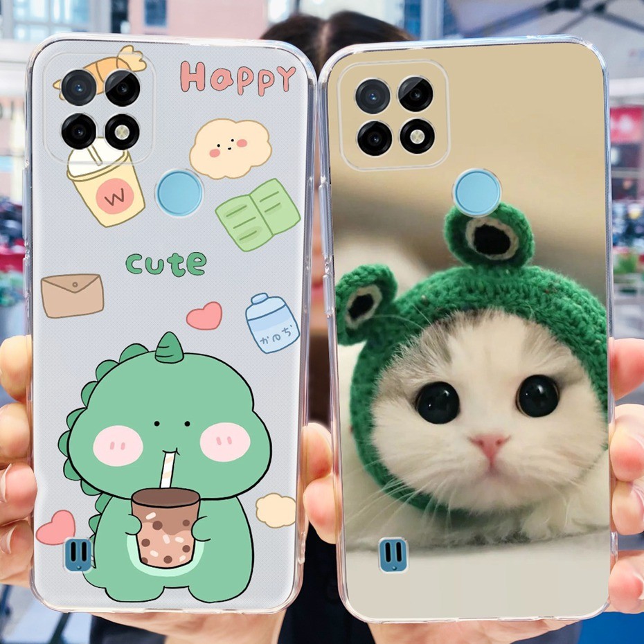 For Realme C21Y C21 Y 2021 Lovely Dinosaur Cat Pattern Phone Case For RealmeC21 C21Y 4G Soft Silicon