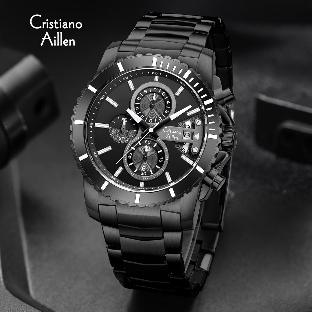 Buy 1 Get 1  Cristiano Aillen Jam Tangan Pria Analog 8898 Rantai Stainless Steel Chronograph Kaca Sa