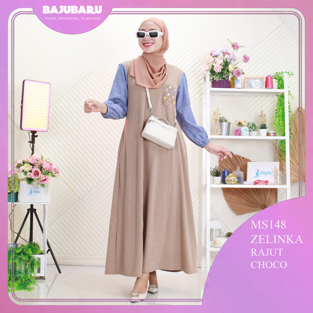 Zelinka Gamis Rajut Mix Jeans Denim Saku Depan Bordir