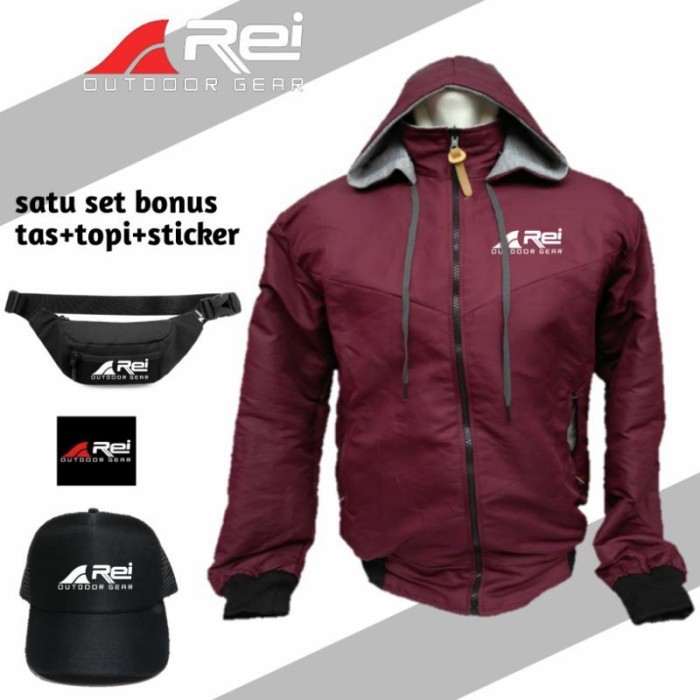 ✨TERLARIS - JAKET PARASUT OUTDOOR REI WATERPROOF JAKET PERIA WANITA BONUS TAS&TOPI - maroon, XXL
