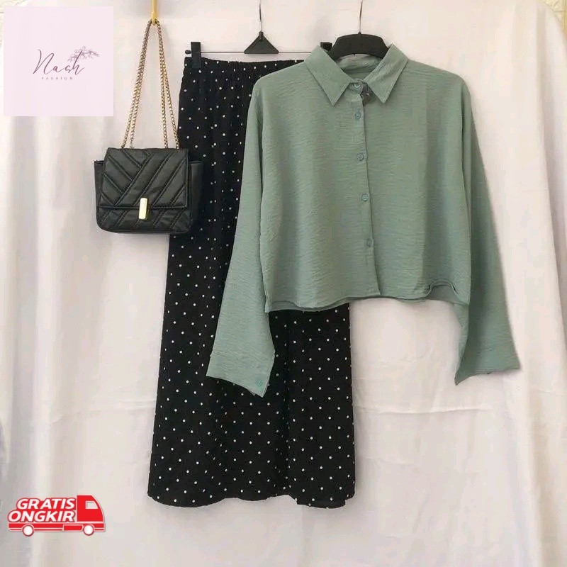 Baju Korea / ONE SET HANIN CRINKLE CROP ROK POLKA  TERBARU