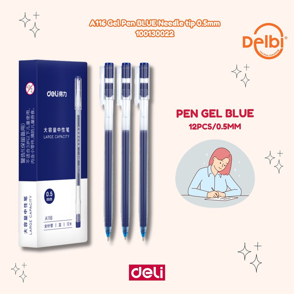 

PULPEN GEL PEN BALLPOINT 0.5 MM TINTA BIRU DELI A116 UJUNG LANCIP NEDDLE TIP TRANSPARAN A116 Gel Pen BLUE Needle tip 0.5mm