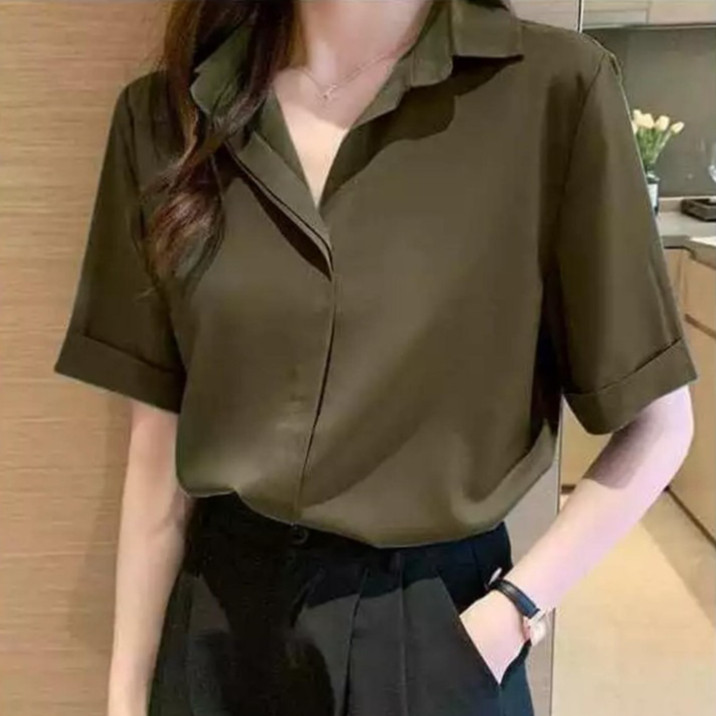 Kemeja Polos Lengan Pendek Casual Wanita Blouse Lengan Pendek