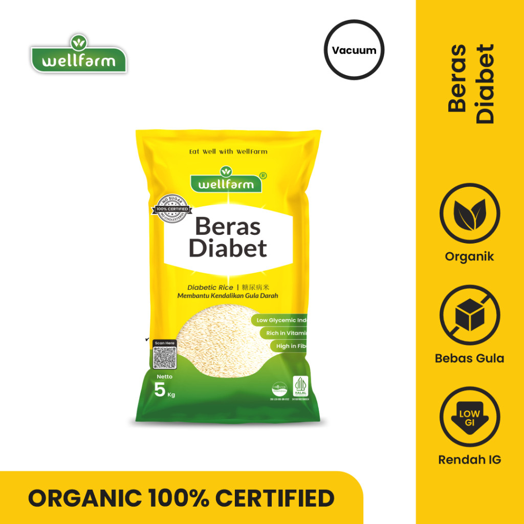 

New Beras Diabetes Organik 5Kg Baru Kemasan Vacuum| WellFarm Beras Diabet Sugar Free Low GI 5 KgPremium