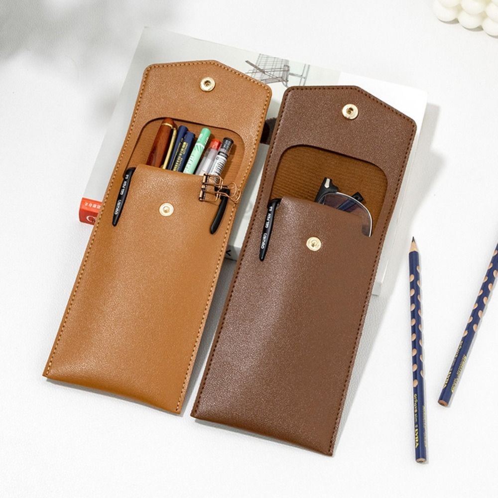 

Vintage Snap Button PU Leather Pen Case Pocket Pen Pou Mini Stationery Organizer Bag For Students Office Women Men Business