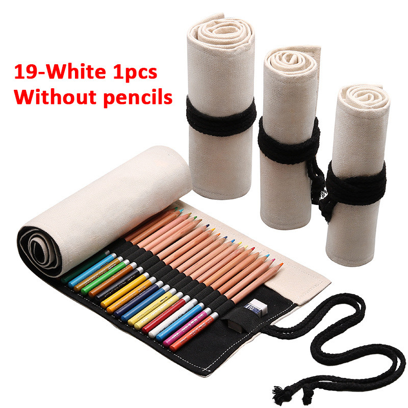 

12 Holes Canvas Roll Up Pencil Case School Students Supplies Brush Pen Bag Cute Pencil Cases Stationery