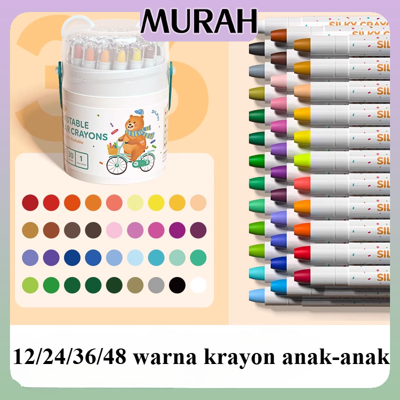 

Washable Silky Crayon 12 / 36 / 48 Warna Colorful Bucket Krayon Mewarnai Alat Warna Set Anak Wipe and Clean