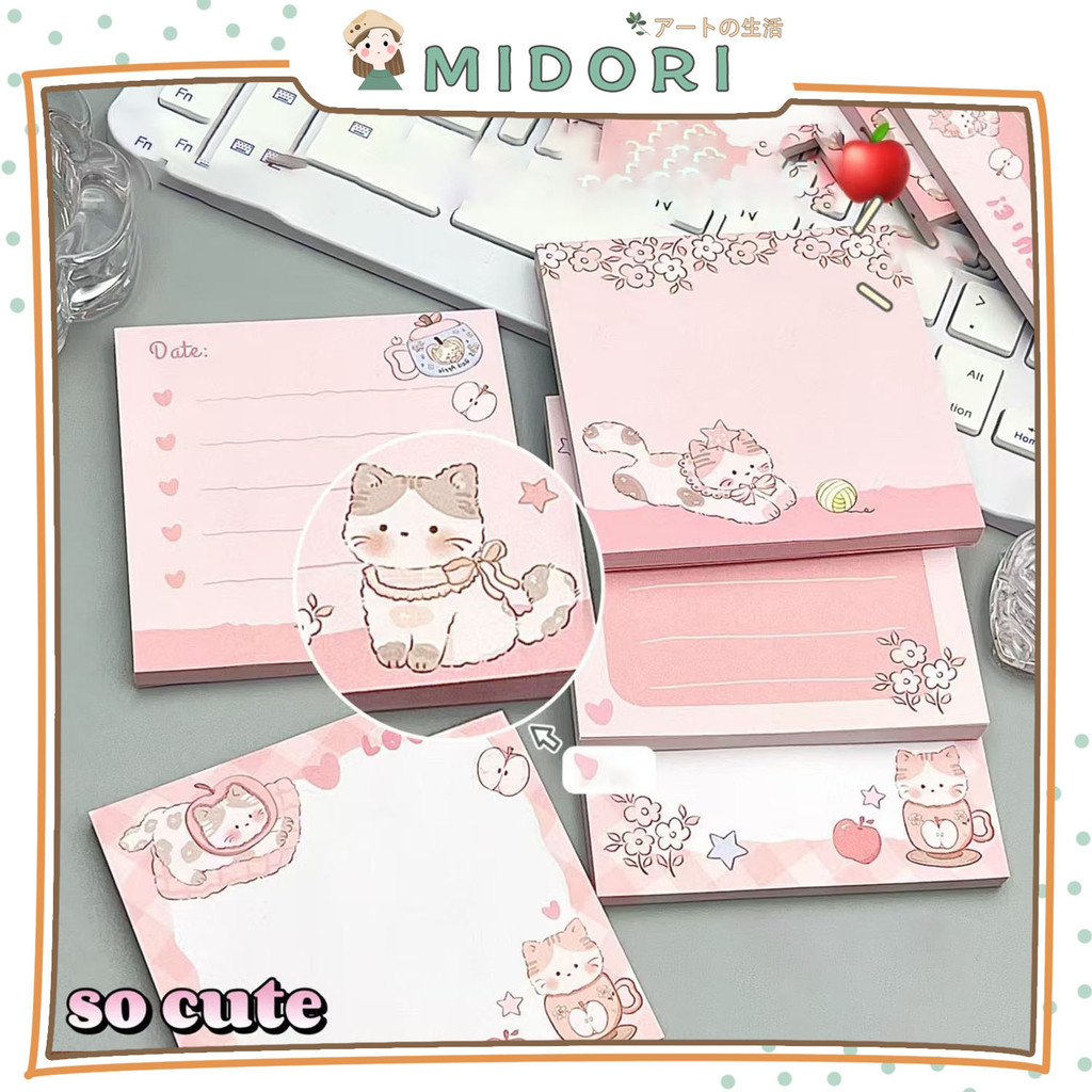 

[MIDORI] 50Lembar MEMO PINK APPLE CAT Notebook Memo Diary Lucu Paper Notepad - C0079