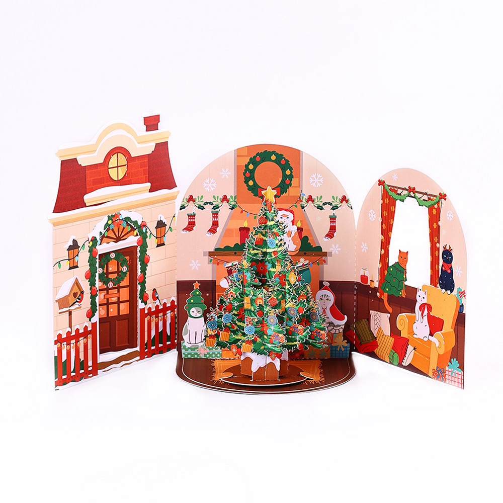 

Tree Greeting Cards Cat Xmas Party Three-dimensional Pop Up Card 3D Postcard With Envelope Holiday Supplies