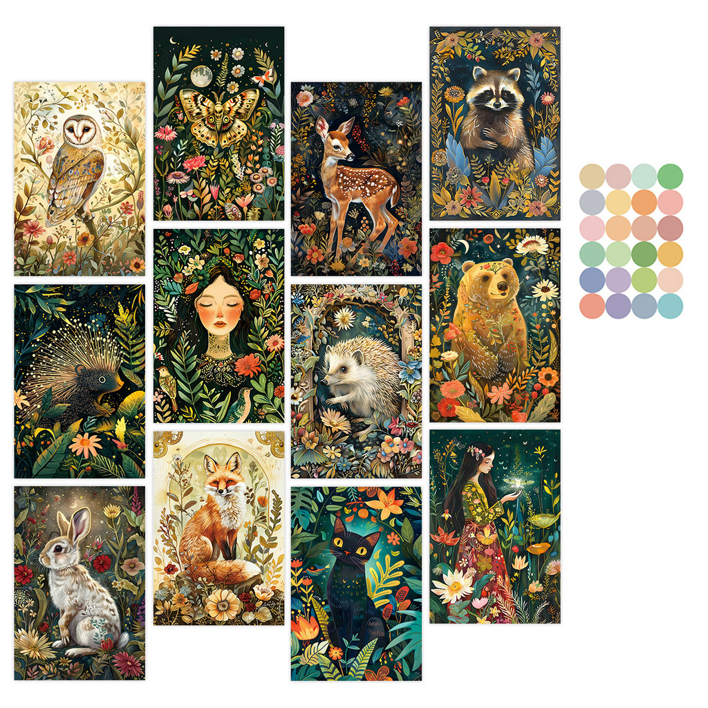 

WhimsyWoodland 12-Pack Vintage Wildlife Art Cards,Enchanted Forest Animal Wall Collage Kit,Home Decor,Magical Midnight Postcards