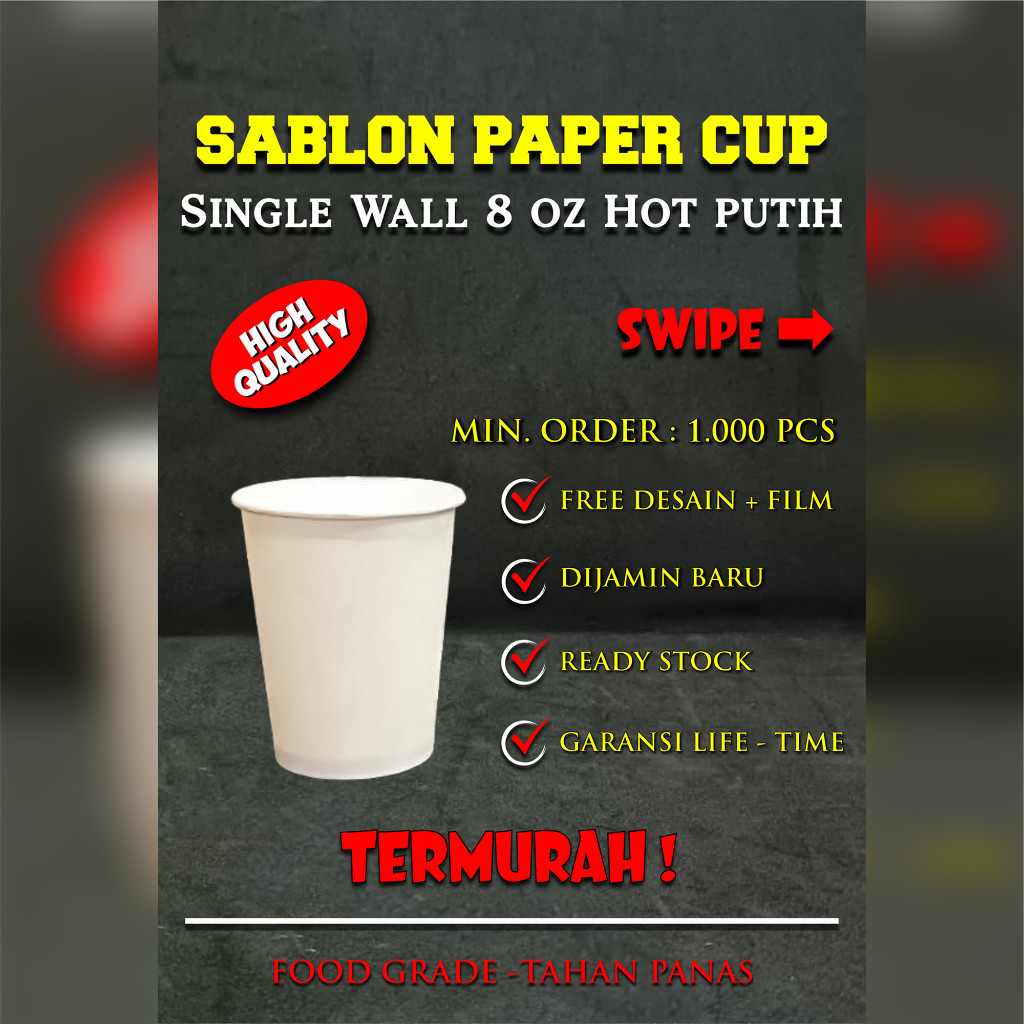 New Sablon Gelas Paper Hot Cup Single Wall Putih / Hitam / Craft 8 oz | Sablon 1 WarnaPremium