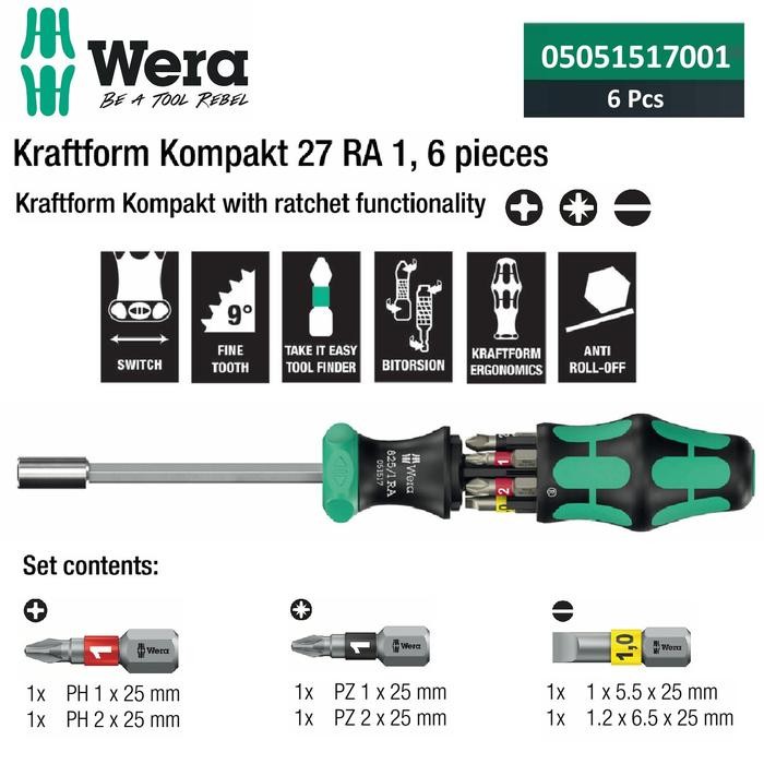 Wera 05051517001 - Obeng Bit Ratchet Set Kraftform Kompakt 27 RA 1 , 6 Pcs Wera Tools