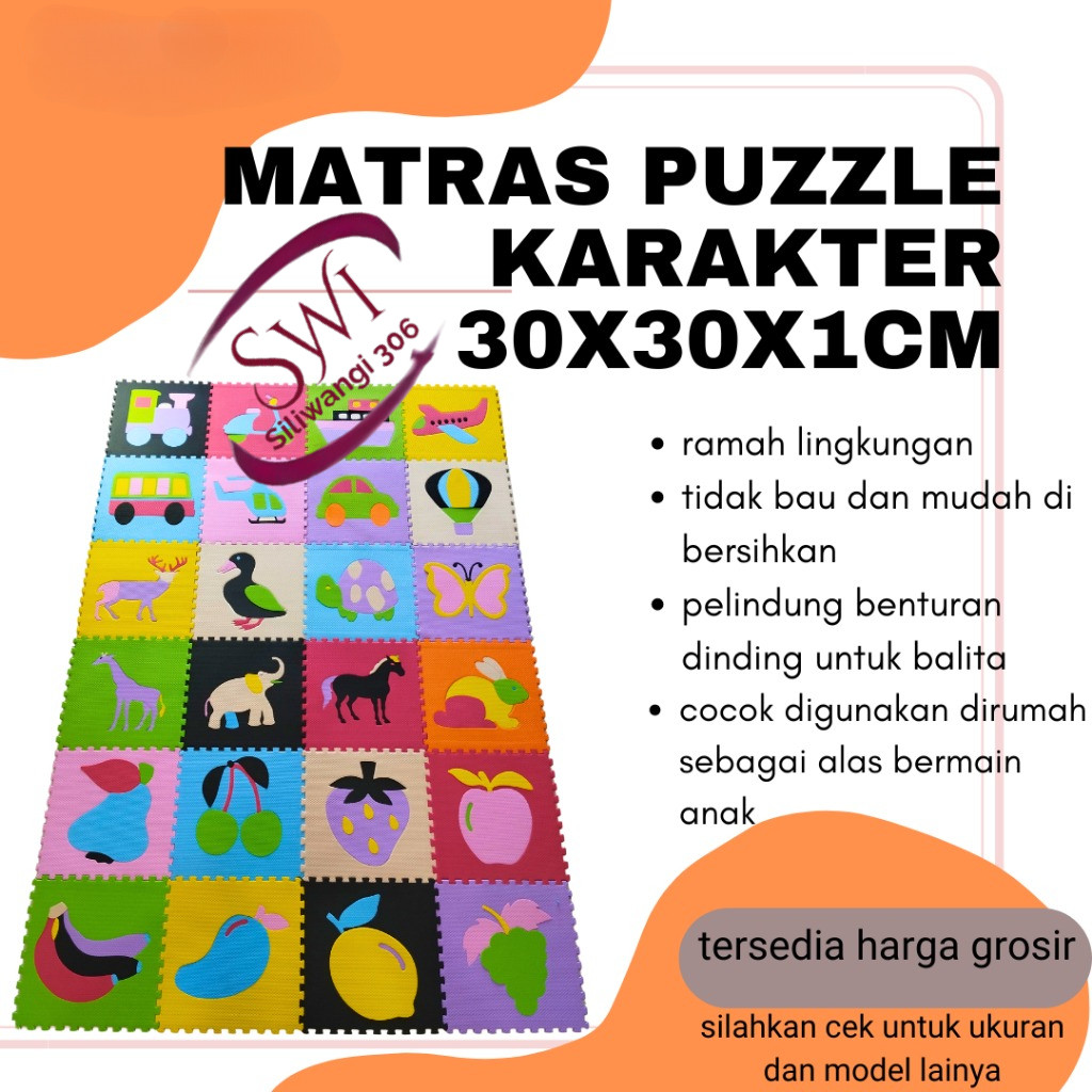 Matras Puzzle Alas lantai Bermain Bayi Karakter Hewan Buah Tranportasi