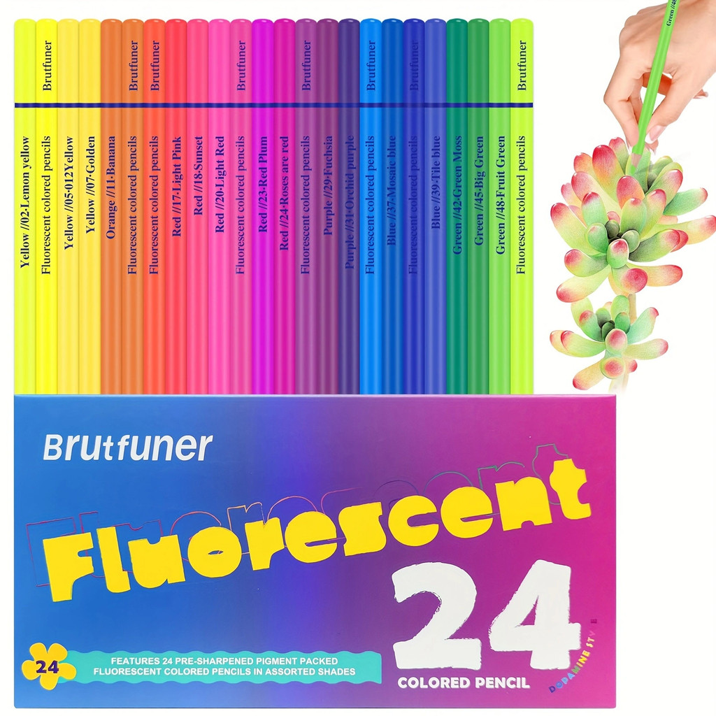

24 Neon Colored Pencils, Fluorescent colored Professional Drawing pencils Set Art Supplies Kit, Soft Core