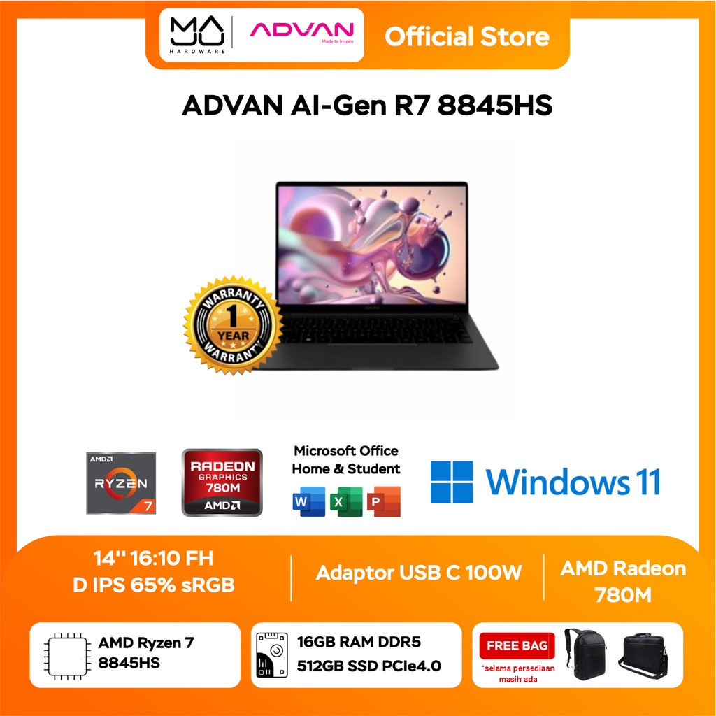 ADVAN AI-Gen R7 8845HS ADVAN AI Gen Ryzen 7 16/512GB W11 14"FHD+ IPS