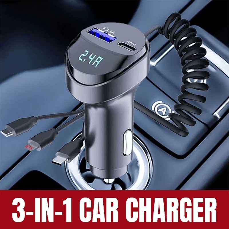 3.1A LED Digital Display Car Charger With 3 in 1 Cable Dual port USB +type-c port Phone Charger