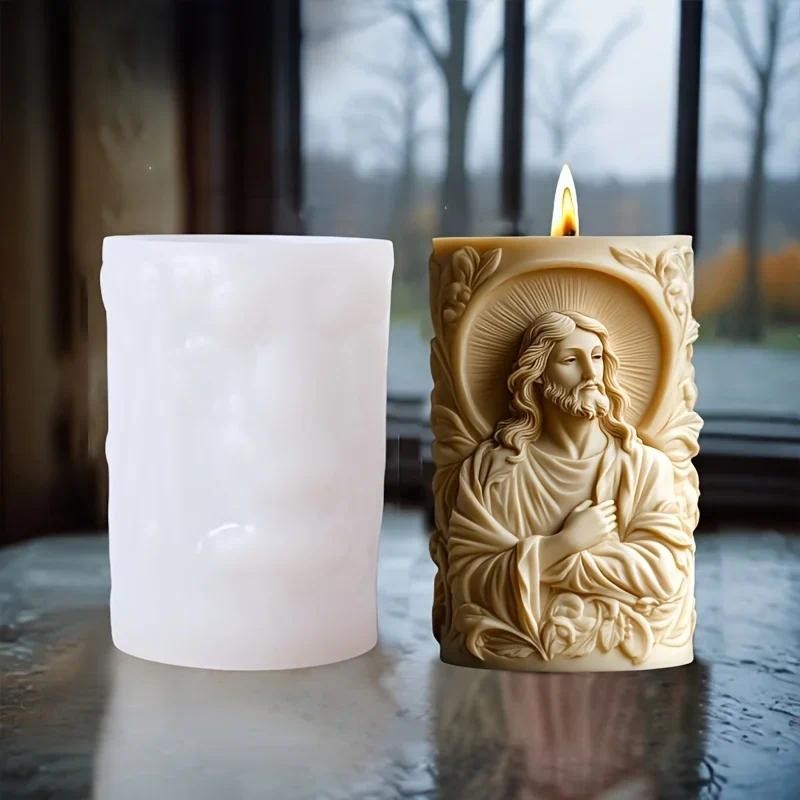 

Prayer Jesus Relief Cylinder Candle Silicone Mold Flower Jesus Statue Relief Resin Mould Jesus Sculpture Concrete Gypsum Molds