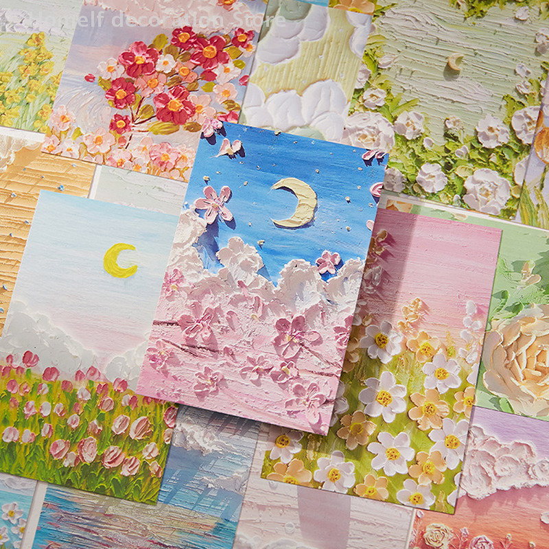 

New 30 Oil Painting Postcards, Art Greeting Cards, Layered Art Greeting Cards, Flower And Grass Mountain Butterfly Moon