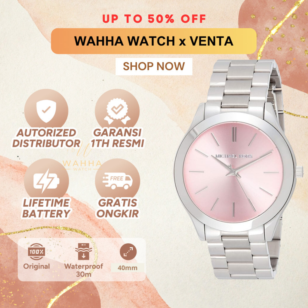 Jam Tangan  MK MK3380 Slim Runway Silive Tone Stainless Steel Light Pink Watch [BERGARANSI]