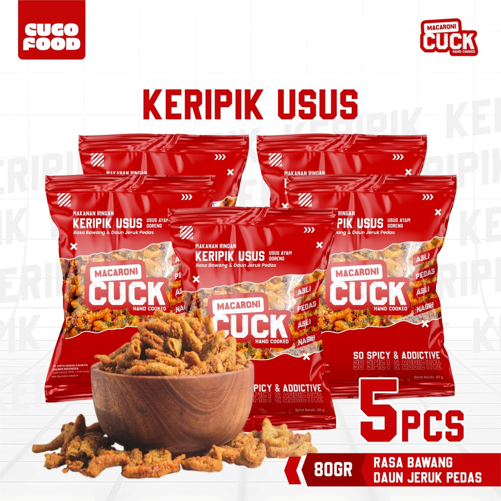 

Macaroni Cuck Keripik Usus Pedas Daun Jeruk Kemasan Reguler 80gr x5