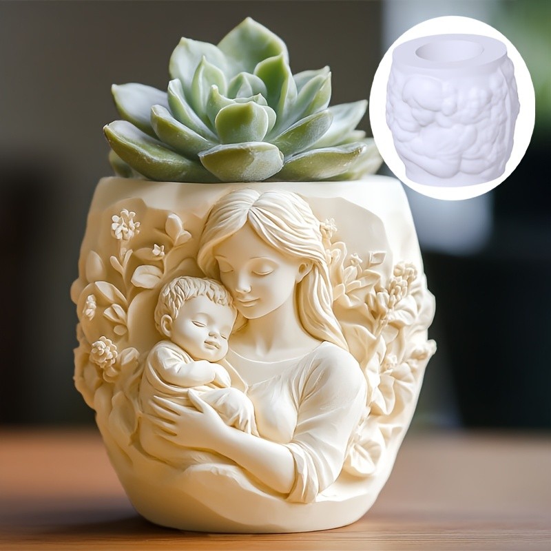 

3D Mother hold child relief succulent plant flowerpot resin silicone mould goddess relief candle cup concrete mold gypsum molds