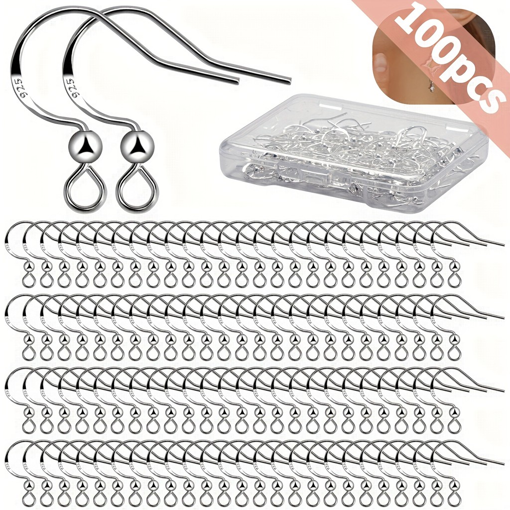 925 Silver Earring Hooks 100 PCS/50 Pairs Hypoallergenic Ear Wires Fish Hooks for Jewelry Making, Je