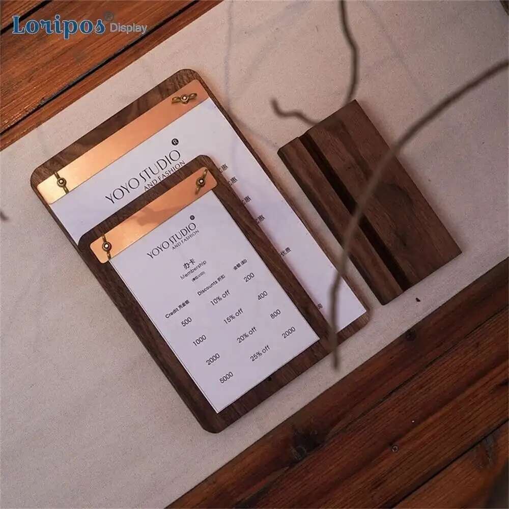 

Creative Walnut Menu A4 Bill Folder Writing Pad Board Shop Bar Brass Clip Restaurant Menu Holder Stand Wooden Base