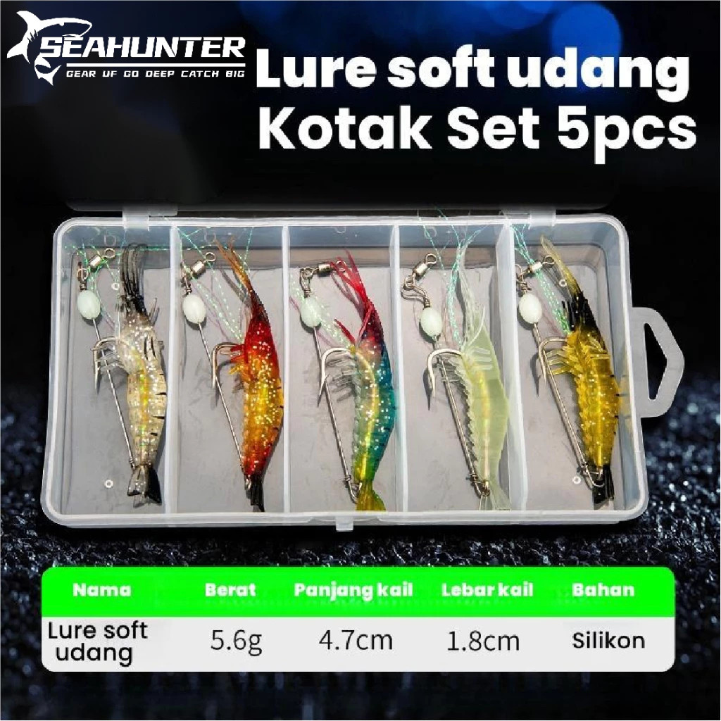 NEW [OFFICIAL]SEAHUNTER UMPAN SOFT LURE UDANG BERCAHAYA 4.7CM/6G - SET KOTAK 5 PCS, UMPAN TIRUAN