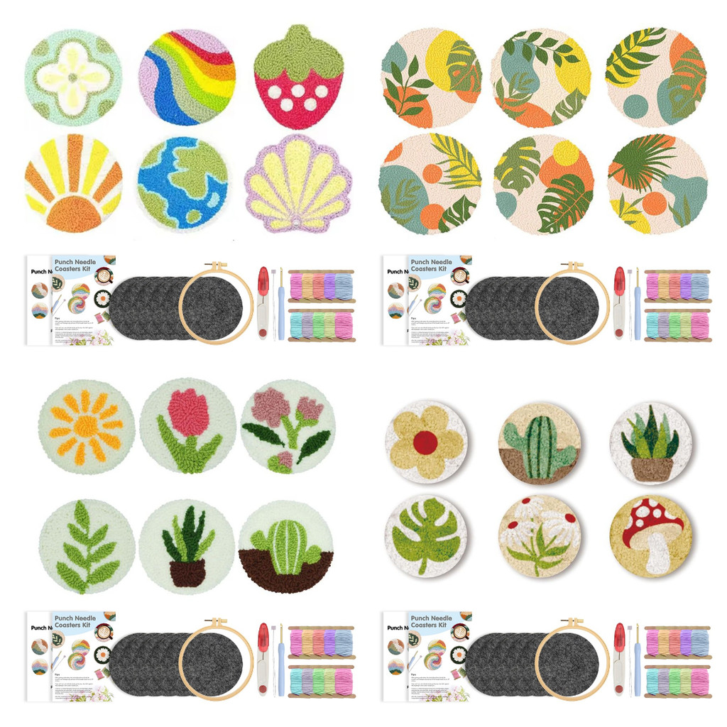 

Punch Needle Coasters Kit for Beginners Adults 6pcs plant Pattern Embroidery Punch Needle Kits Tufted Rug Punch Decoration
