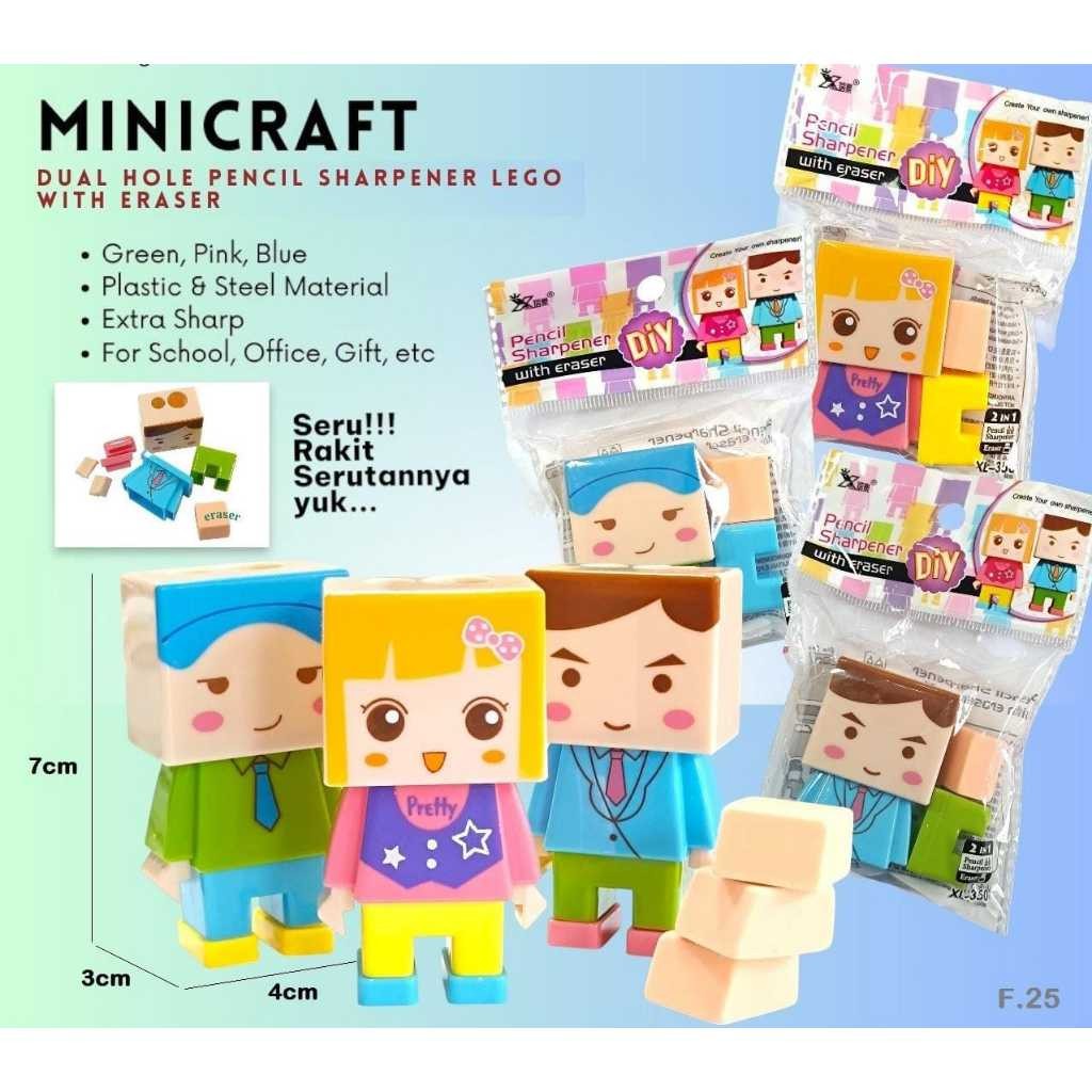 

serutan RAUTAN orotan BONGKAR PASANG LEGO MINECRAFT / DUAL HOLE PENCIL SHARPENER LEGO with ERASER stip 2 in 1 DIY