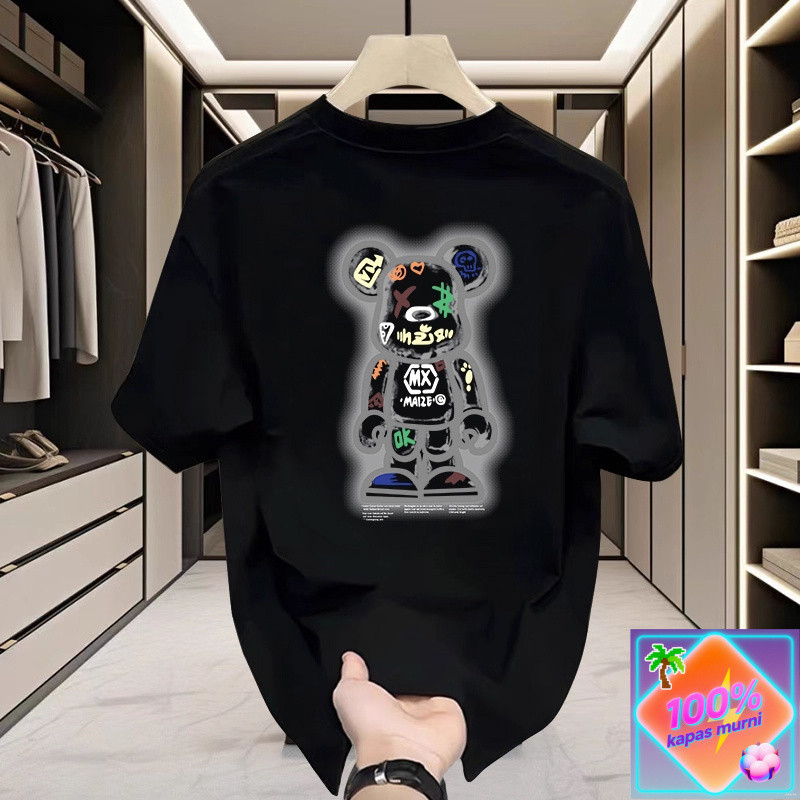 Kaos Pria Katun Lengan Pendek - Desain Bearbrick Streetwear Amerika untuk Remaja