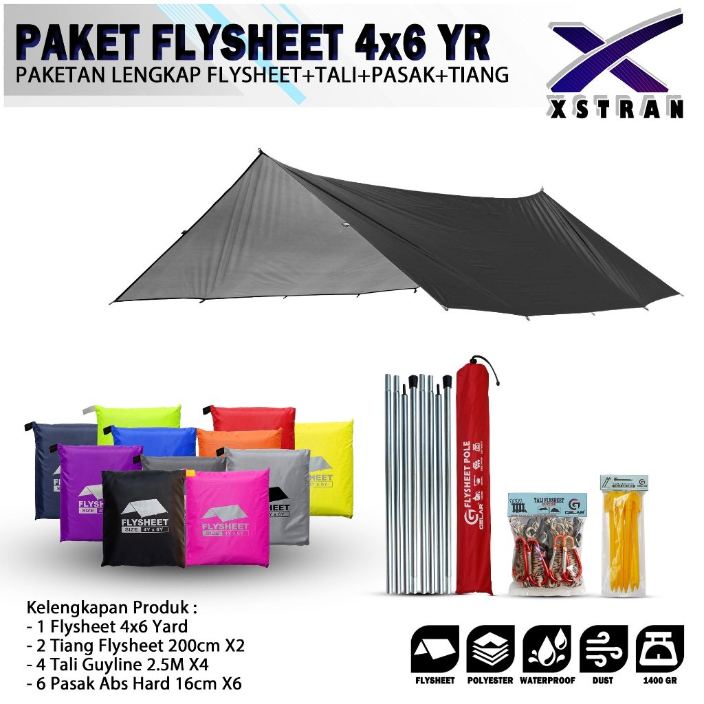 paketan lengkap flysheet tenda 4x6 yard paket komplit flysheet + pasak + tali + tiang paket 4x6