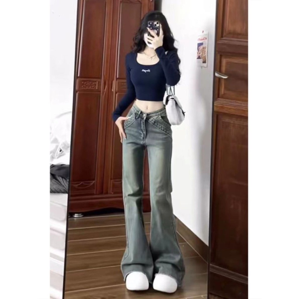 [ COD✅]JelitaCeria Biru laut Spice Girl leher persegi pendek atasan wanita musim semi dan musim gugu