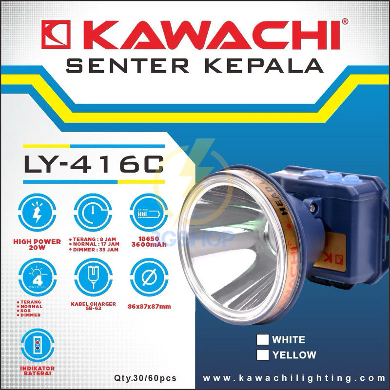 Senter Kepala Cas 20W Kawachi LY-416C Putih/ Kuning – Rechargeable, Tahan Lama, dan Super Terang