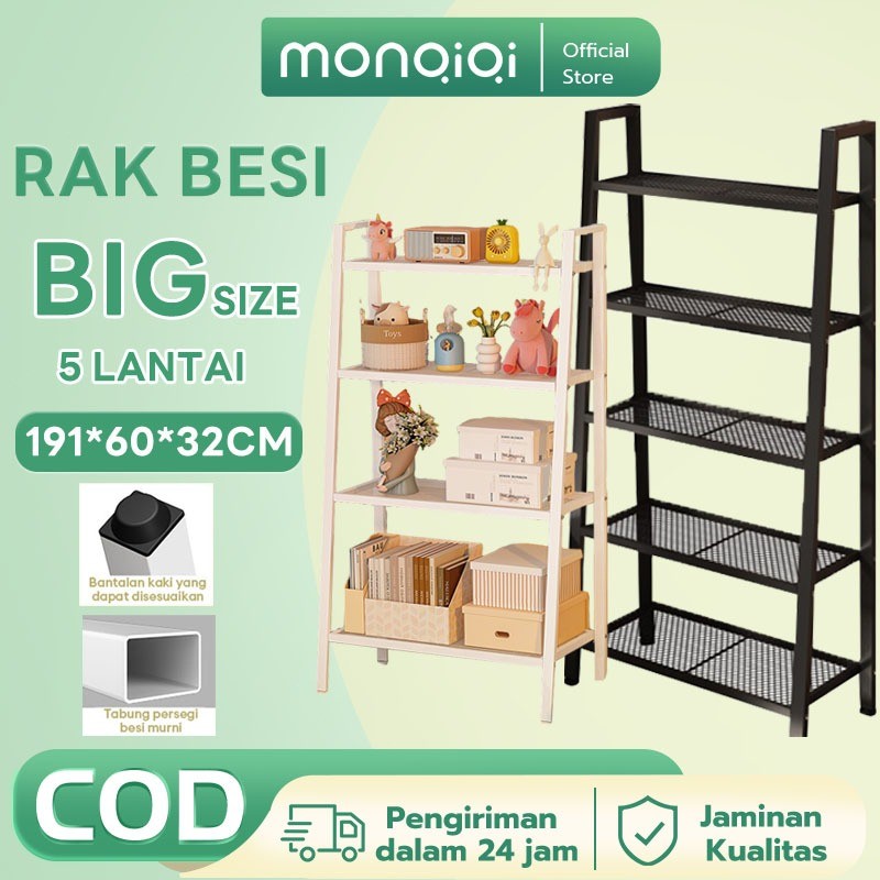 MONQIQI Rak Besi 5 Tingkat - Hitam/Putih rak buku Metal Tempat Penyimpanan Serbaguna Rak Pajangan Ba
