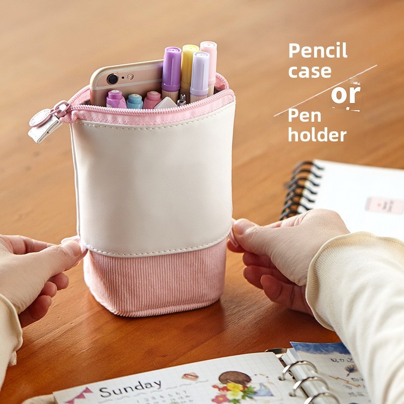 

1 PC Korean Creative Solid Color Corduroy Drop-down Retractable Pencil Case Simple Stationery Storage Pencil Case Holder