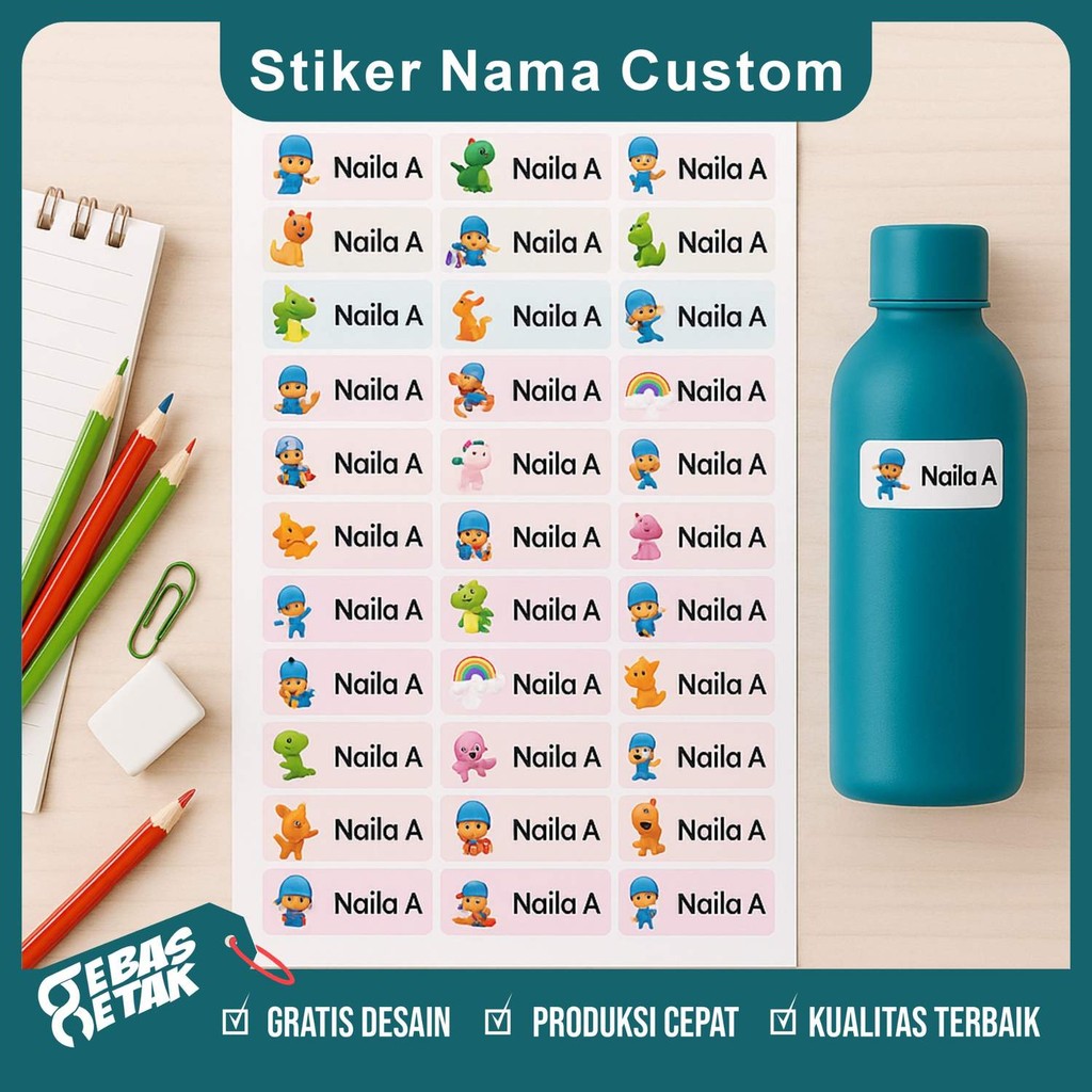 

Cetak Stiker Nama Custom Waterproof untuk Label Seragam Anak Buku Botol dan Alat Sekolah