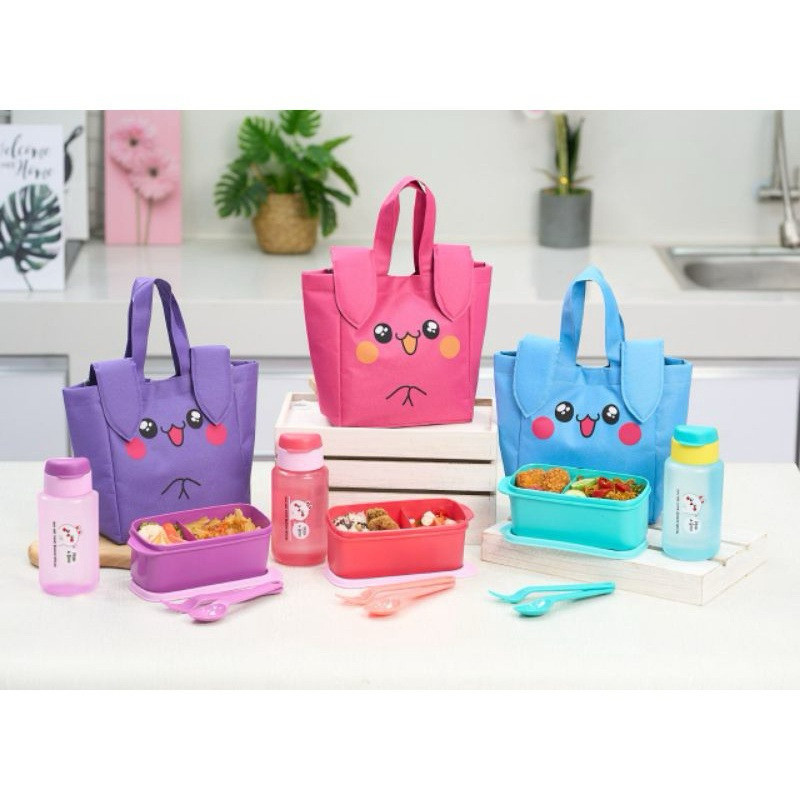 Tas Bekel Kuping Karakter Lucu / Lunchbox Set / kotak makan lengkap sendok garpu botol minum dan tas