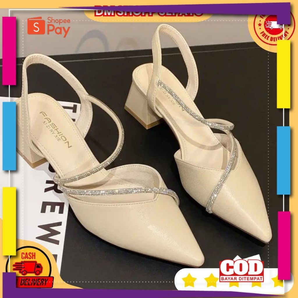 [PREMIUM ORIGINAL] DM SHOPP- Hight Heels Wanita Pesta Ujung Runcing Kombi Tali Slide Payet KS 72
