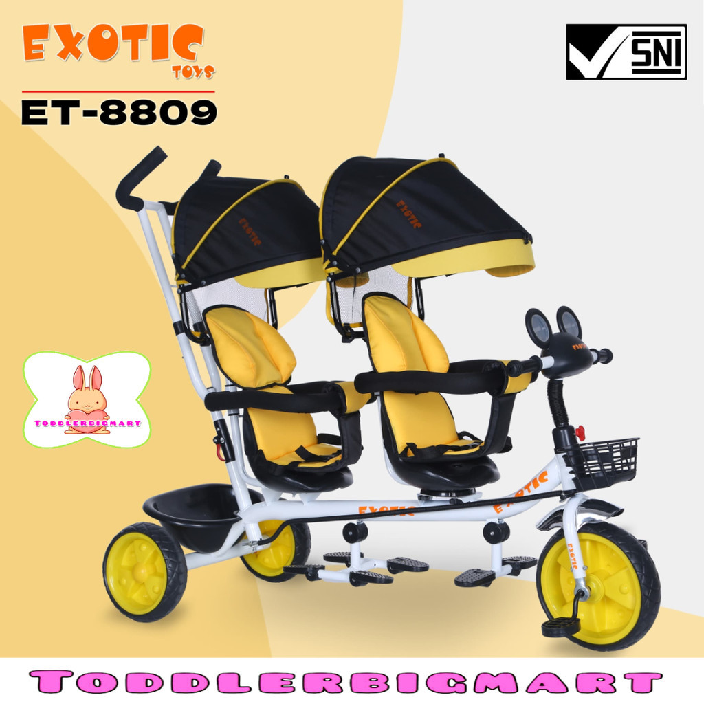 Sepeda Roda Tiga 3 Anak Kembar Exotic ET 8809 Tricycle Twins Bisa Hadap Depan Belakang Lampu Music