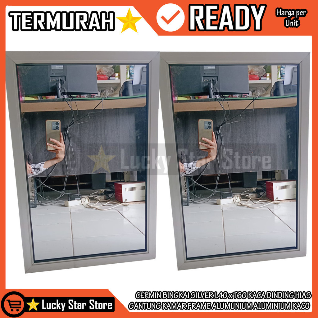 Cermin Bingkai Dinding Hias Silver Alumunium L40 X T60 Kaca Gantung Tembok Kamar Persegi Frame Lis L