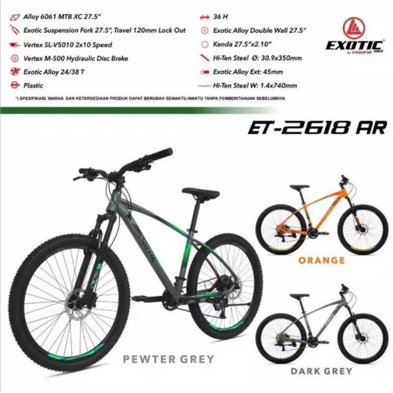 Sepeda MTB 27,5 Exotic ET 2618 AR Alloy Hidrolik 10 Speed ForkLock Suspention Murah