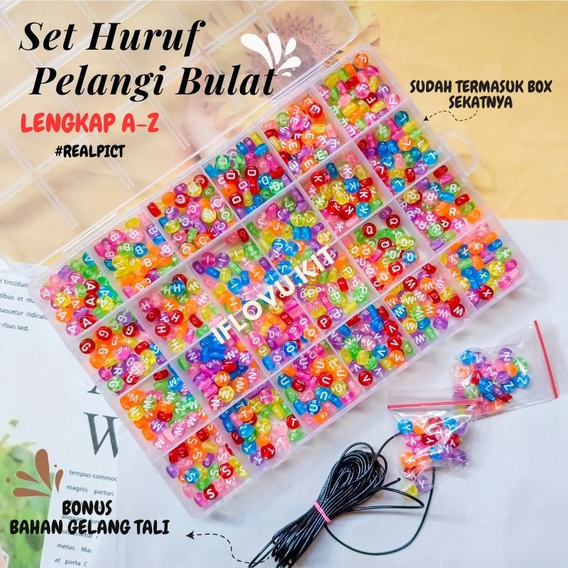 MB88 - Set Manik Huruf Manik Manik Mote Huruf Bulat Kotak Warna Warni pelangi Aesthetic