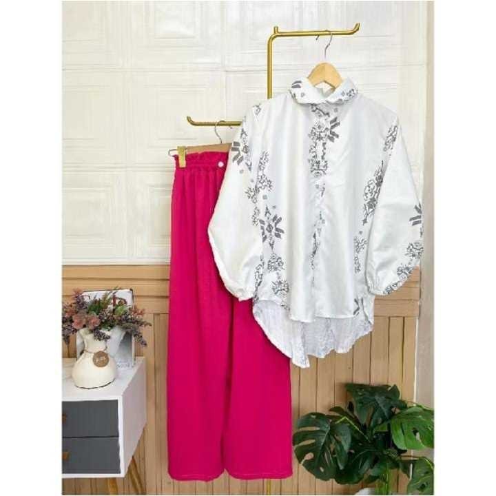 ZERAX - ONE SET MUNNA PLISKET / BLOUSE FLOWER OVERSIZE KATUN+CELANA KULOT PANJANG POLOS / ONESET JUM