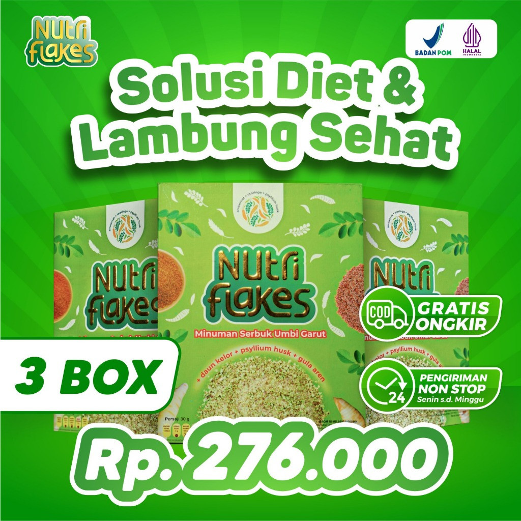 

Nutriflakes 3 BOX - Minuman Umbi Garut + Bahan Herbal Alami Solusi Diet Sehat Lambung Aman