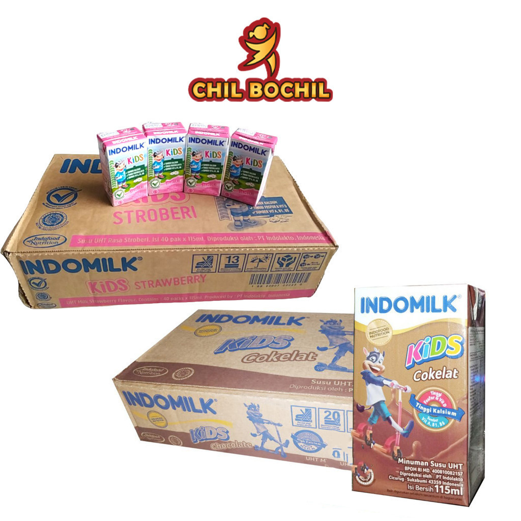 

SUSU INDOMILK KIDS - INDOMILK KOTAK COKLAT STROBERI 115ML UHT 115ML - 1 DUS ISI 40 PCS - CHIL BOCHIL