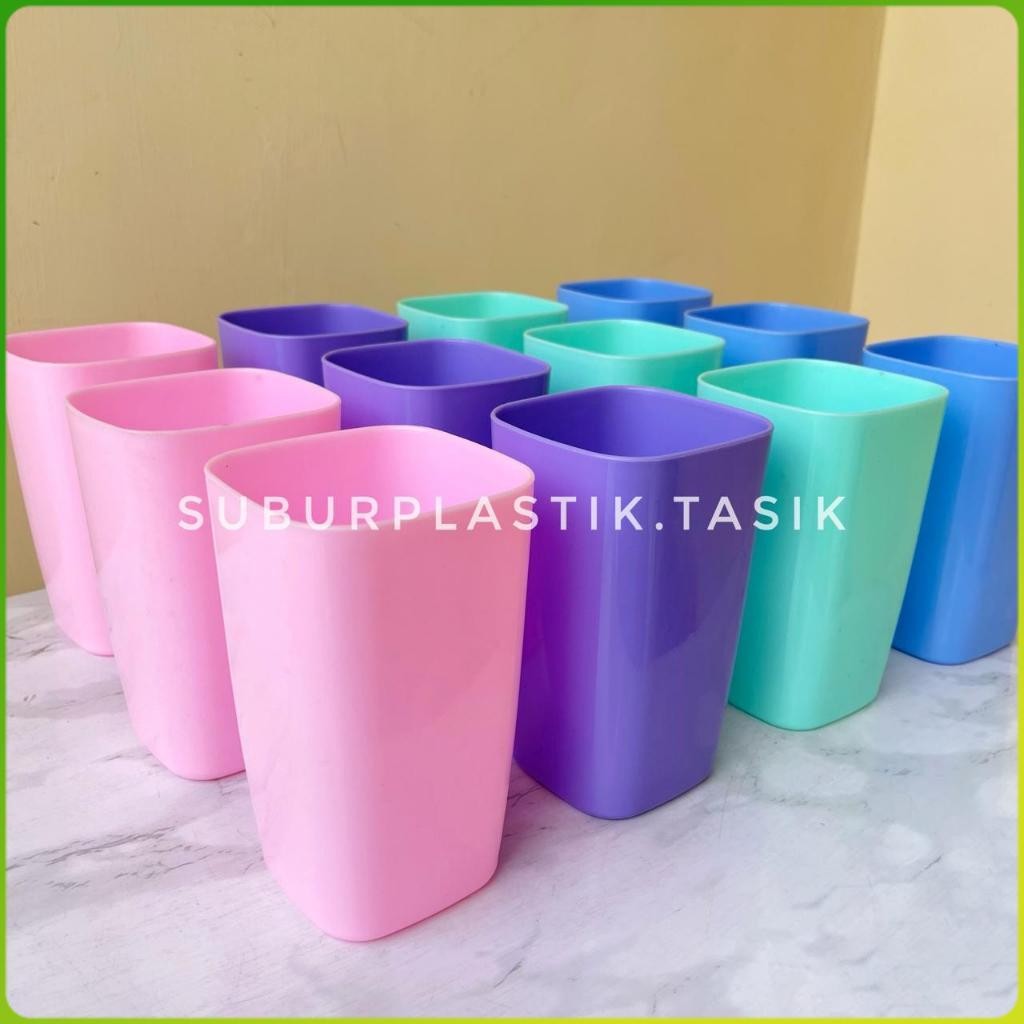 [12 & 24pcs] Gelas Minum Plastik Kotak Lucu 300ml & 500ml Murah Tahan Panas Cangkir Segi 598 | 599 -