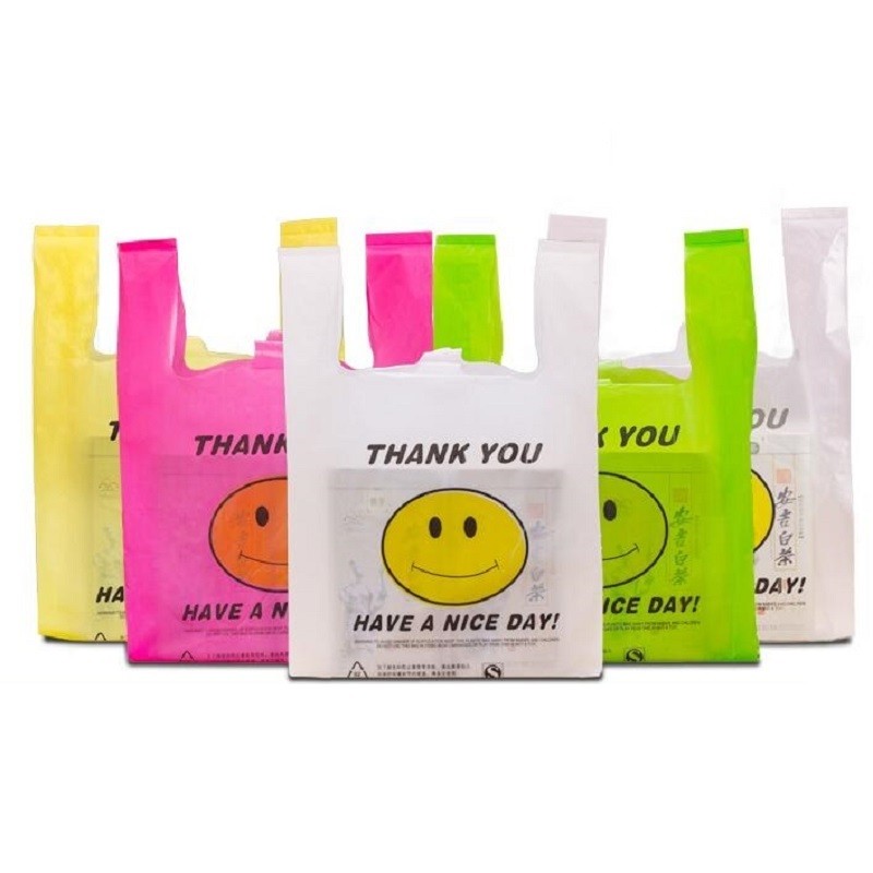 

50pcs/pack 20x32cm Carry Out Bags Smile Gift Bag Retail Supermarket Grocery Shopping Plastic Bags With Handle Food Packaging