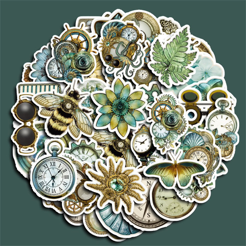 

50pcs Green Retro Butterfly Bee Clock Stickers Pack Laptop Phone Case Scrapbooking Supplies DIY Dog Sticker Journal Accessories